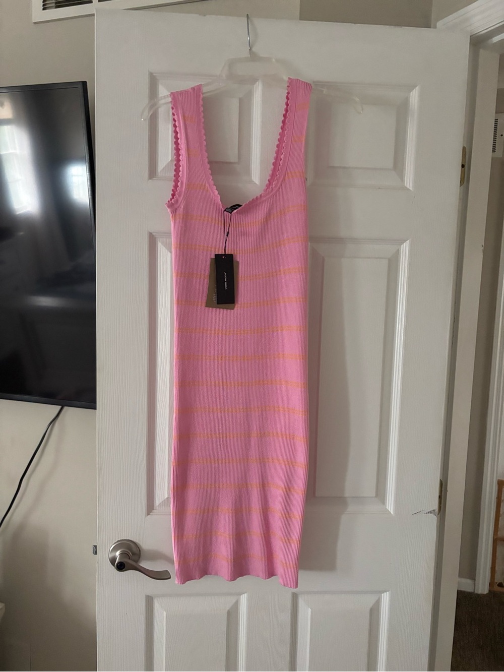 Vero Moda Pink and Peach Striped ribbed Knit Midi Dress